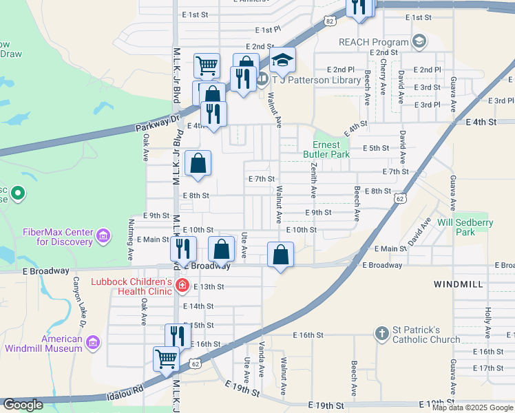 map of restaurants, bars, coffee shops, grocery stores, and more near 808 Vanda Avenue in Lubbock