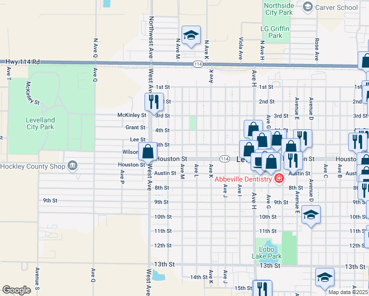 map of restaurants, bars, coffee shops, grocery stores, and more near 1312 5th Street in Levelland