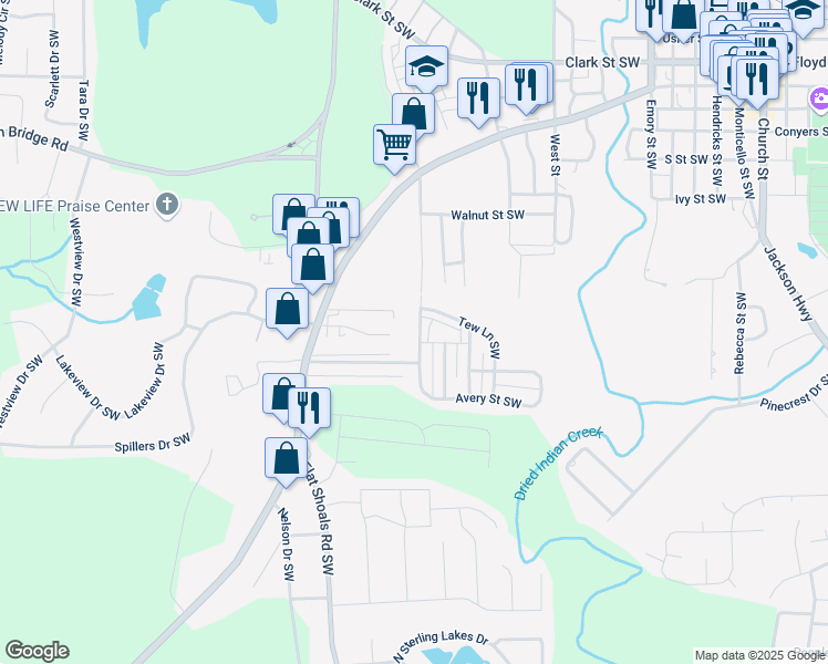 map of restaurants, bars, coffee shops, grocery stores, and more near 6124 Avery Street Southwest in Covington
