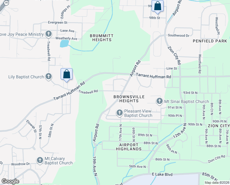 map of restaurants, bars, coffee shops, grocery stores, and more near 1725 Treadwell Road in Birmingham