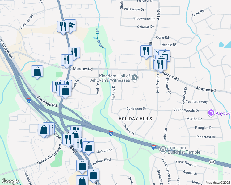 map of restaurants, bars, coffee shops, grocery stores, and more near 6100 Hickory Drive in Forest Park