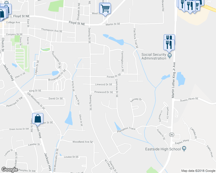 map of restaurants, bars, coffee shops, grocery stores, and more near 6180 Linwood Drive Southeast in Covington