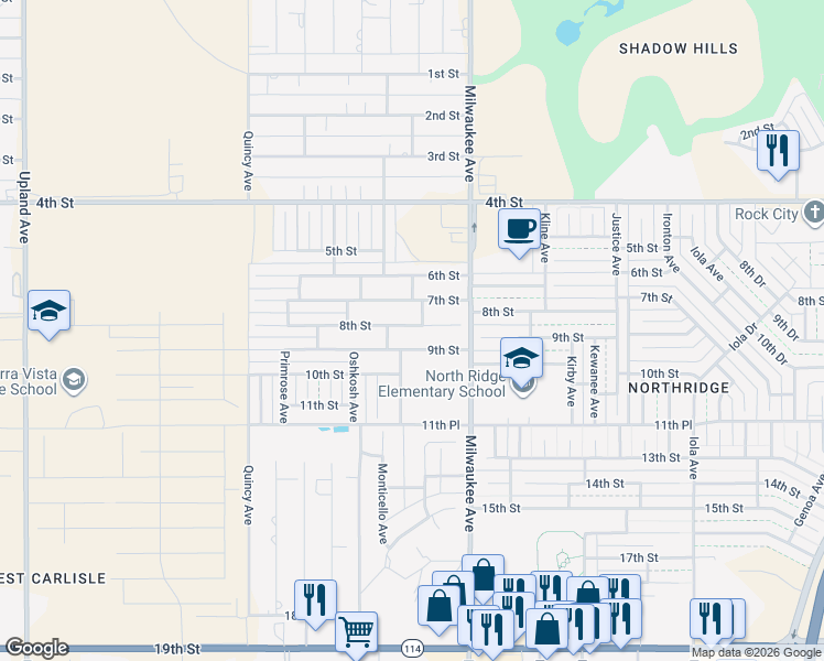 map of restaurants, bars, coffee shops, grocery stores, and more near 6527 8th Street in Lubbock