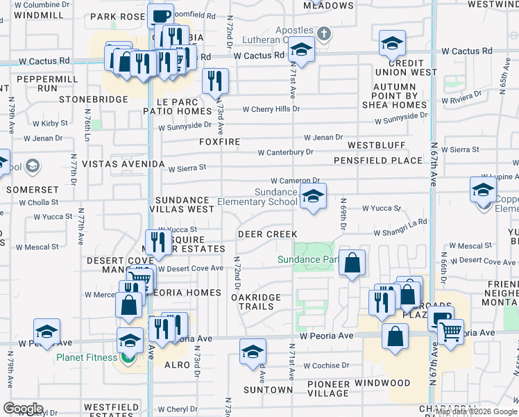 map of restaurants, bars, coffee shops, grocery stores, and more near 7144 West Yucca Street in Peoria