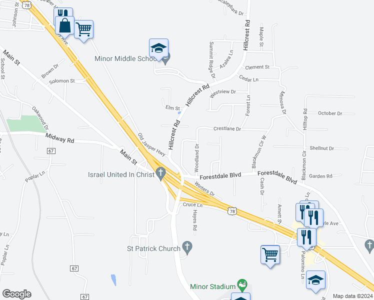 map of restaurants, bars, coffee shops, grocery stores, and more near 127 Woodland Drive in Adamsville