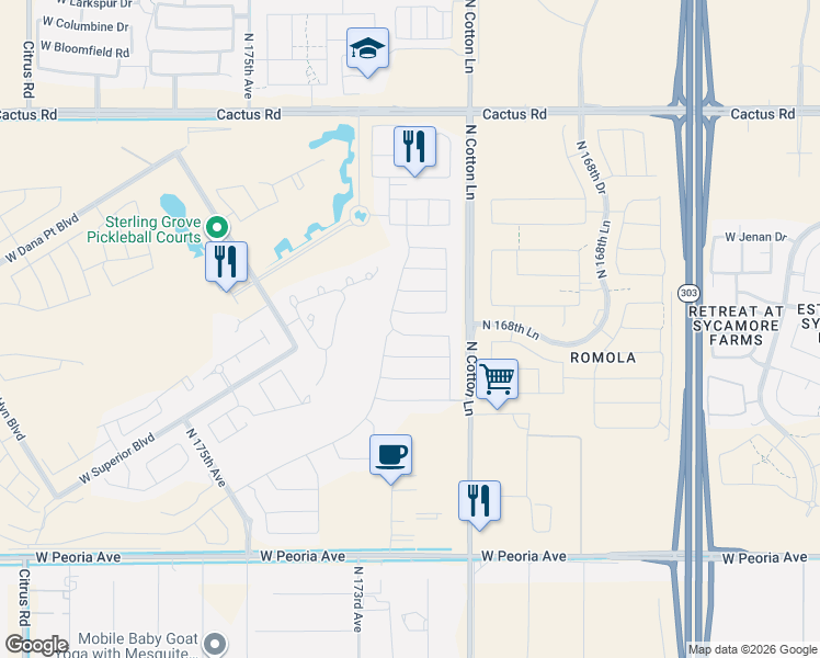 map of restaurants, bars, coffee shops, grocery stores, and more near 17222 West Gracemont Street in Surprise