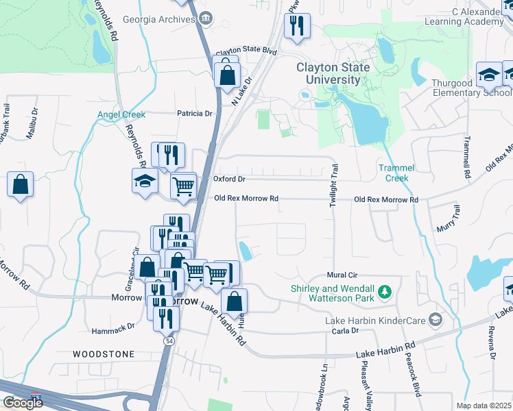 map of restaurants, bars, coffee shops, grocery stores, and more near 1691 Old Rex Morrow Road in Morrow