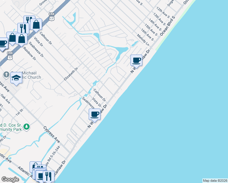 map of restaurants, bars, coffee shops, grocery stores, and more near 1514 S-26-155 in Murrells Inlet