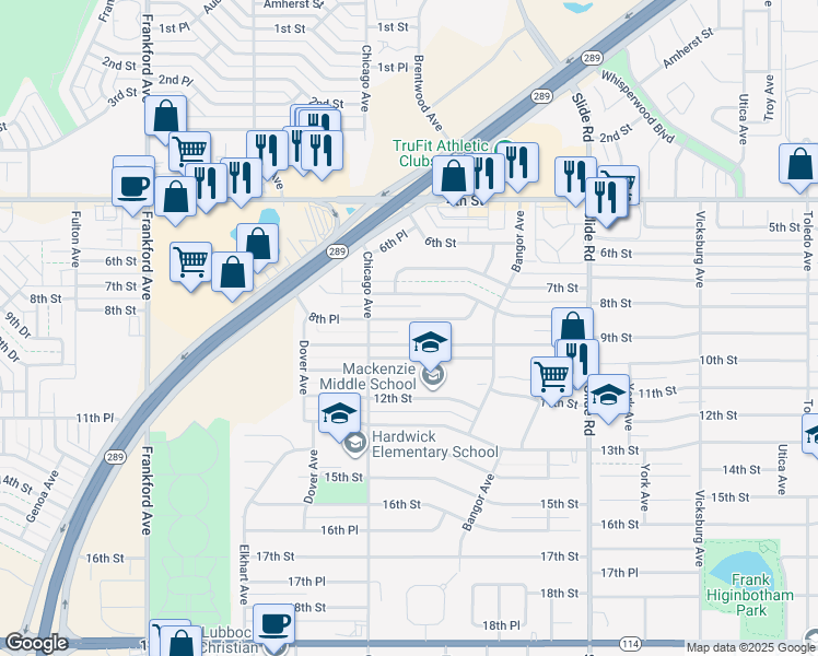 map of restaurants, bars, coffee shops, grocery stores, and more near 5429 8th Place in Lubbock