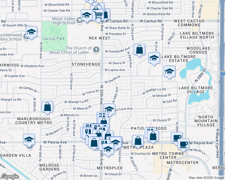 map of restaurants, bars, coffee shops, grocery stores, and more near 3416 West Shangri La Road in Phoenix