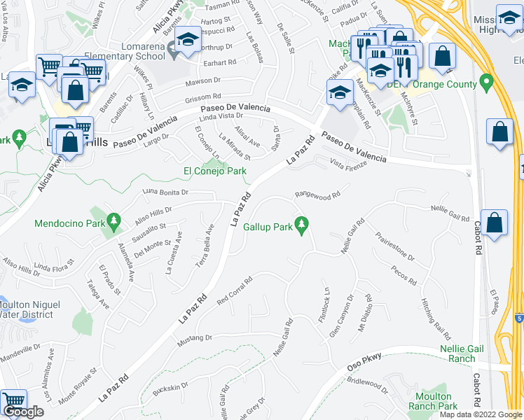 map of restaurants, bars, coffee shops, grocery stores, and more near 25342 Gallup Circle in Laguna Hills