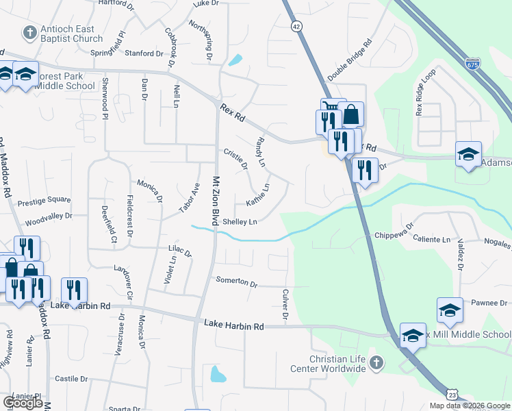 map of restaurants, bars, coffee shops, grocery stores, and more near 2767 Kathie Lane in Ellenwood