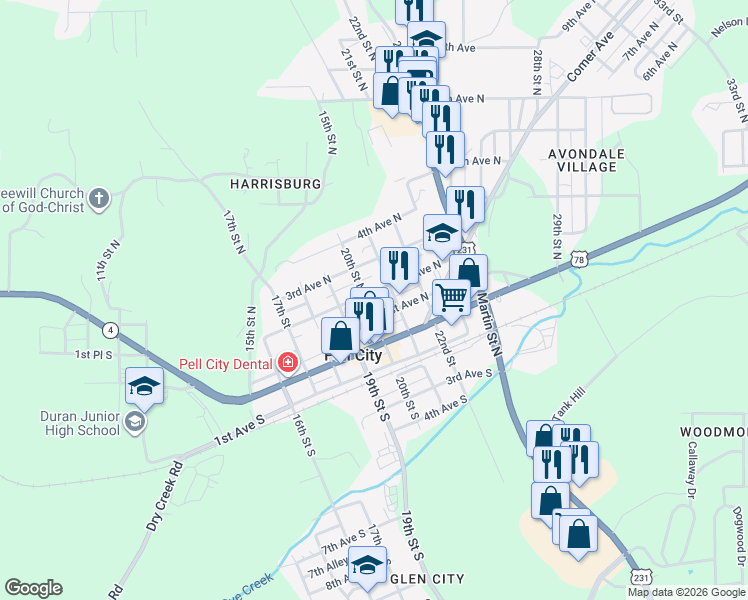 map of restaurants, bars, coffee shops, grocery stores, and more near 2017 1st Avenue North in Pell City