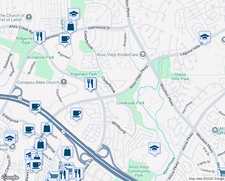 map of restaurants, bars, coffee shops, grocery stores, and more near 6 Mansera Place in Aliso Viejo