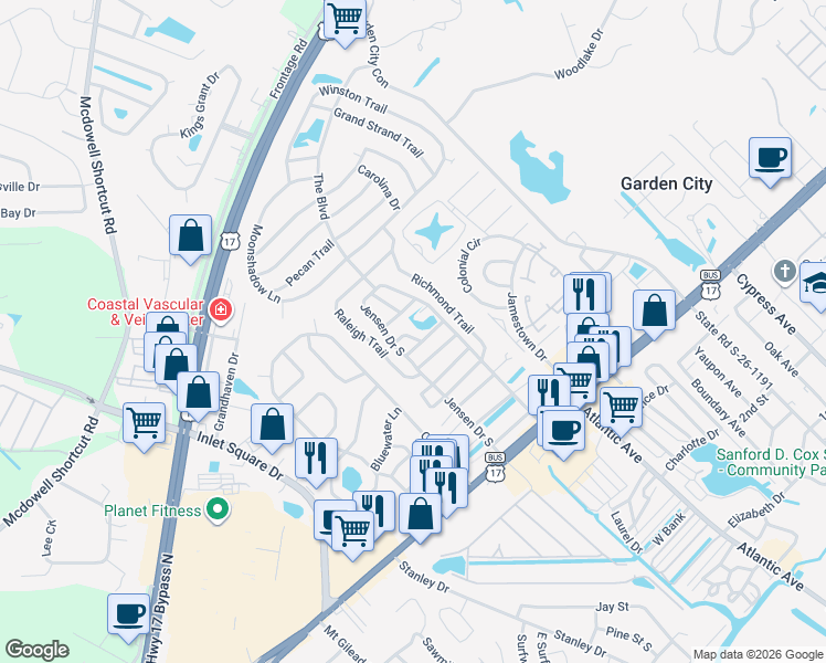 map of restaurants, bars, coffee shops, grocery stores, and more near 2982 Emory Trail in Murrells Inlet