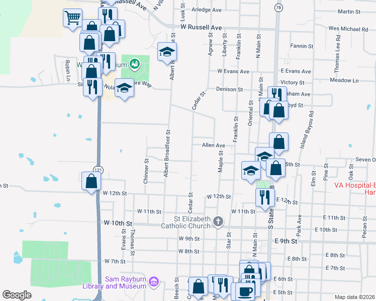 map of restaurants, bars, coffee shops, grocery stores, and more near 1409 Cedar Street in Bonham