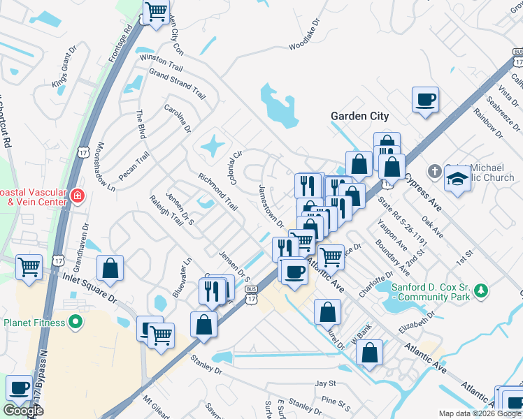 map of restaurants, bars, coffee shops, grocery stores, and more near 702 Courtney Court in Murrells Inlet