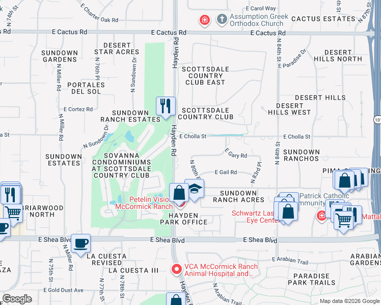 map of restaurants, bars, coffee shops, grocery stores, and more near 8030 East Gary Road in Scottsdale