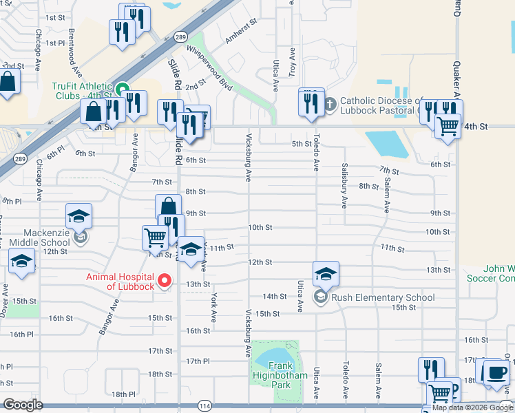 map of restaurants, bars, coffee shops, grocery stores, and more near 4830 9th Street in Lubbock