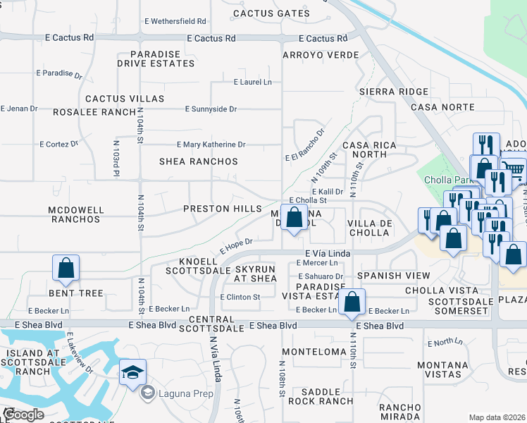 map of restaurants, bars, coffee shops, grocery stores, and more near 10750 East Mescal Street in Scottsdale