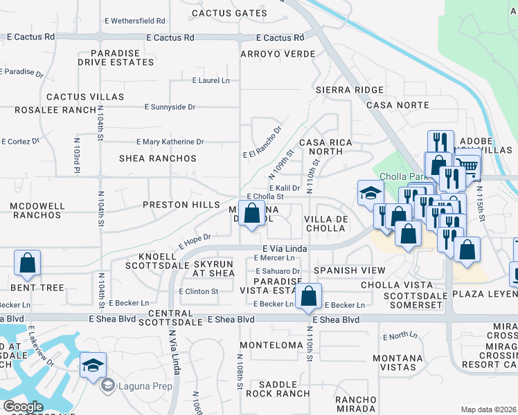 map of restaurants, bars, coffee shops, grocery stores, and more near 11225 North 108th Place in Scottsdale