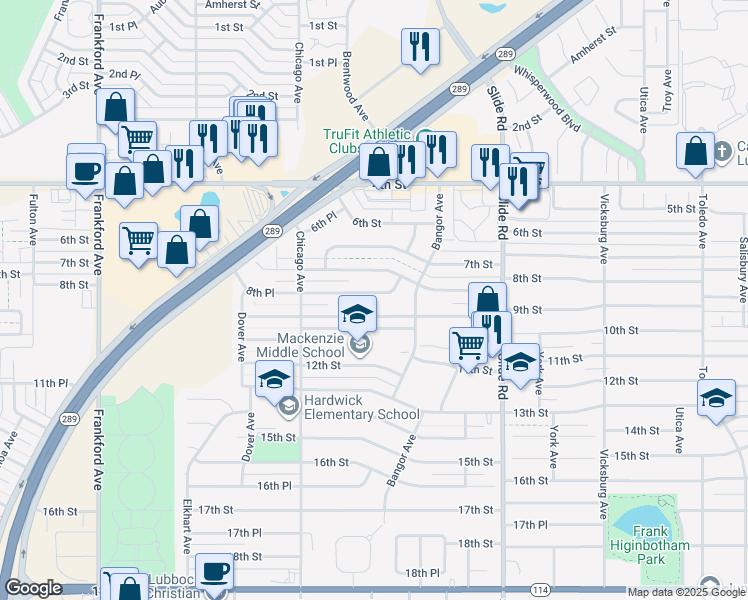map of restaurants, bars, coffee shops, grocery stores, and more near 5415 8th Place in Lubbock