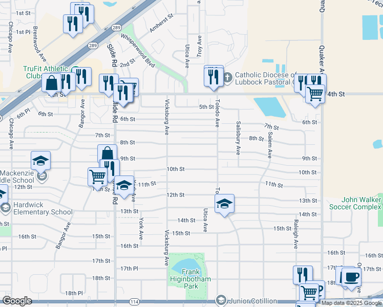 map of restaurants, bars, coffee shops, grocery stores, and more near 4818 9th Street in Lubbock