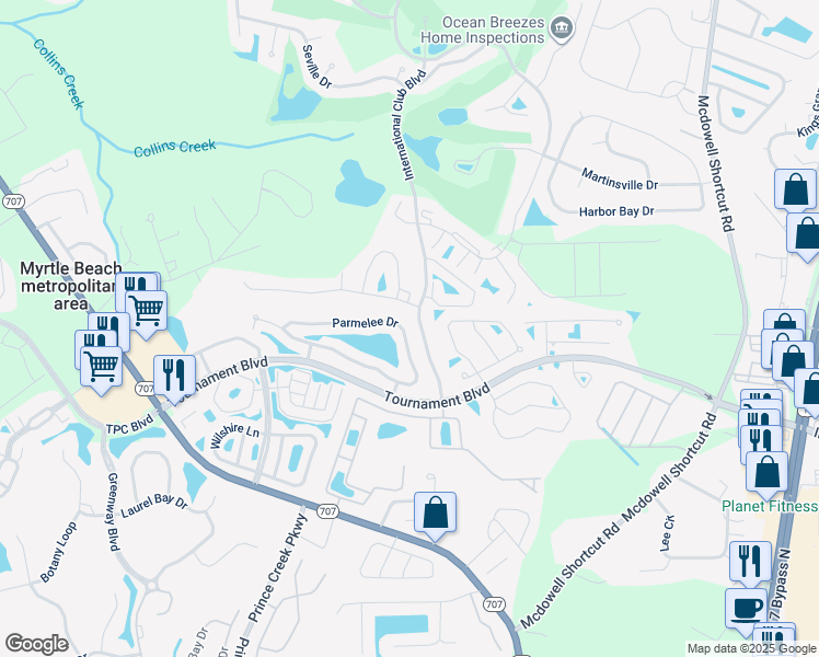 map of restaurants, bars, coffee shops, grocery stores, and more near 152 Parmelee Drive in Murrells Inlet