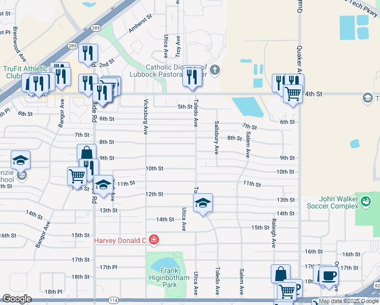 map of restaurants, bars, coffee shops, grocery stores, and more near 4804 9th Street in Lubbock