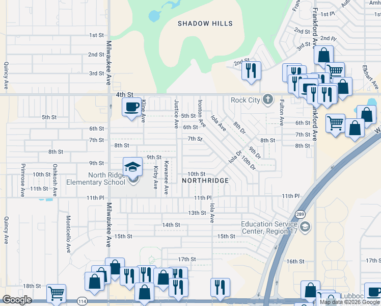 map of restaurants, bars, coffee shops, grocery stores, and more near 6126 9th Street in Lubbock