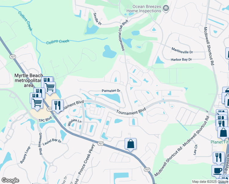map of restaurants, bars, coffee shops, grocery stores, and more near 161 Parmelee Drive in Murrells Inlet