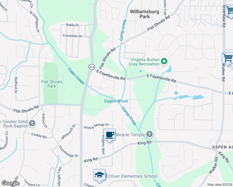map of restaurants, bars, coffee shops, grocery stores, and more near 6128 Camden Forrest Cove in Riverdale