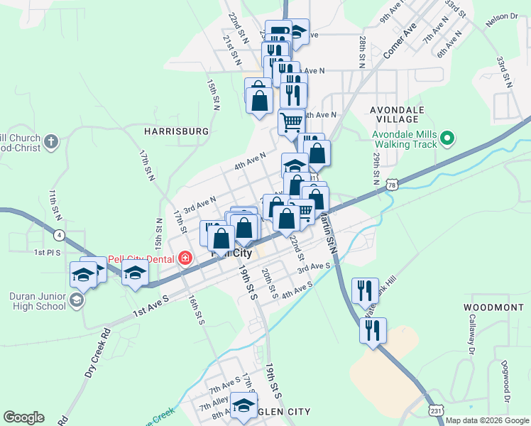 map of restaurants, bars, coffee shops, grocery stores, and more near 2017 1st Avenue North in Pell City