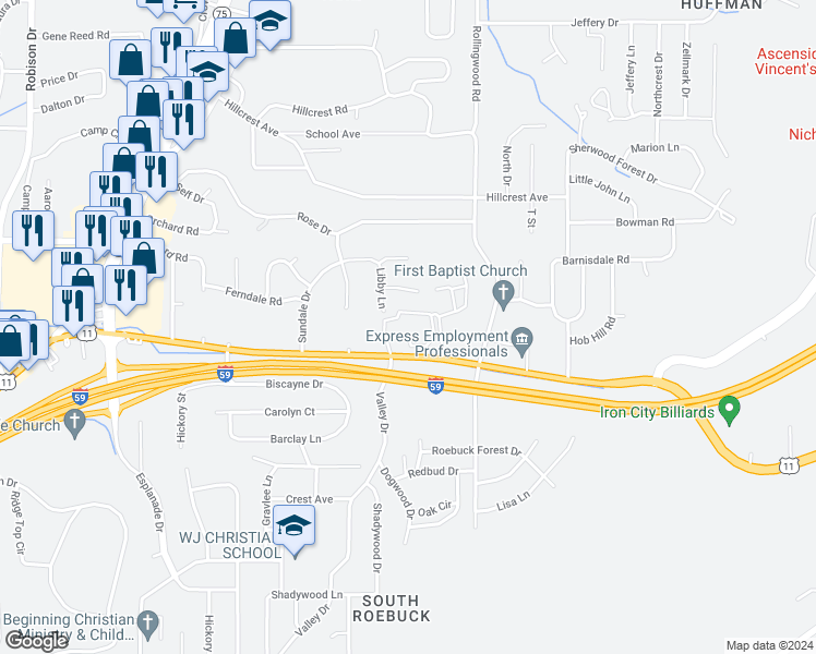 map of restaurants, bars, coffee shops, grocery stores, and more near 17 Watertown Circle in Birmingham