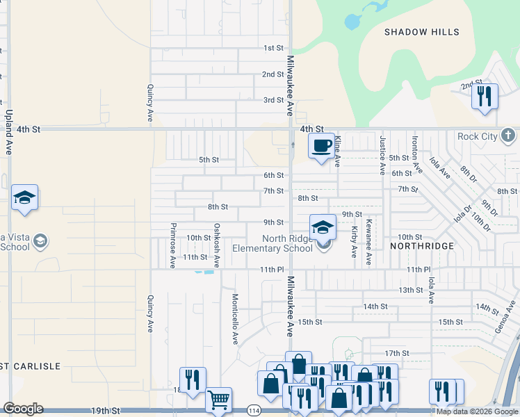 map of restaurants, bars, coffee shops, grocery stores, and more near 6527 8th Street in Lubbock