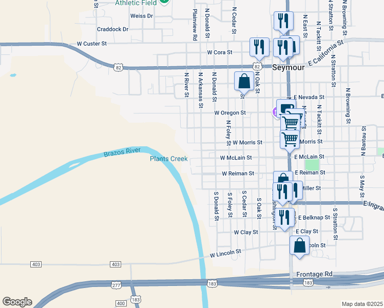 map of restaurants, bars, coffee shops, grocery stores, and more near 616 West McLain Street in Seymour