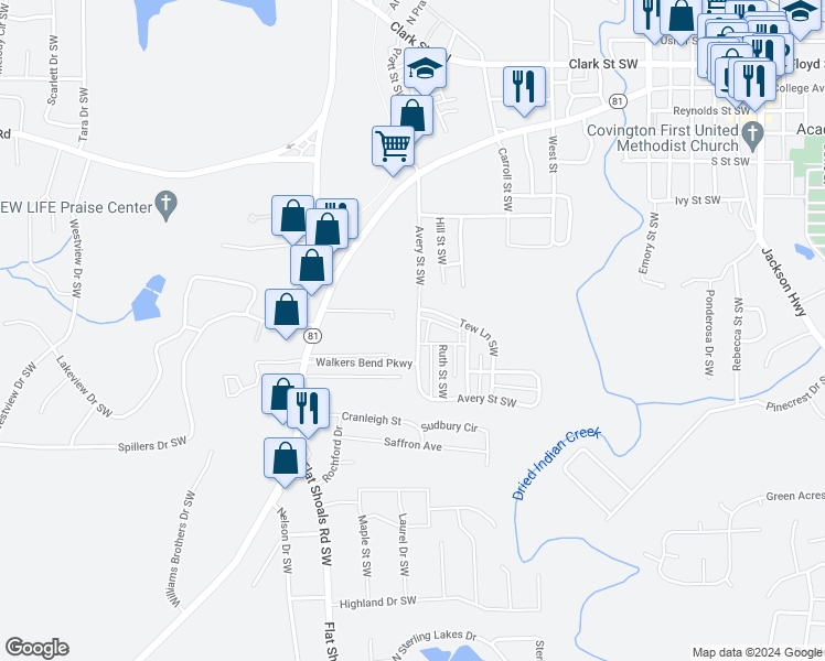 map of restaurants, bars, coffee shops, grocery stores, and more near 6122 Avery Street Southwest in Covington
