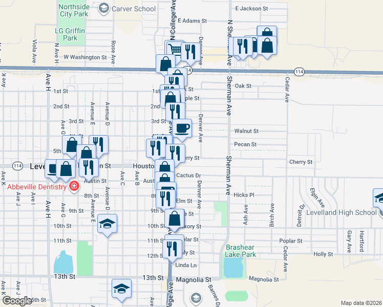 map of restaurants, bars, coffee shops, grocery stores, and more near 123 Cherry St in Levelland