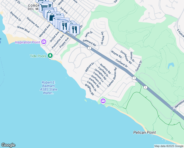 map of restaurants, bars, coffee shops, grocery stores, and more near 4533 Tremont Lane in Newport Beach
