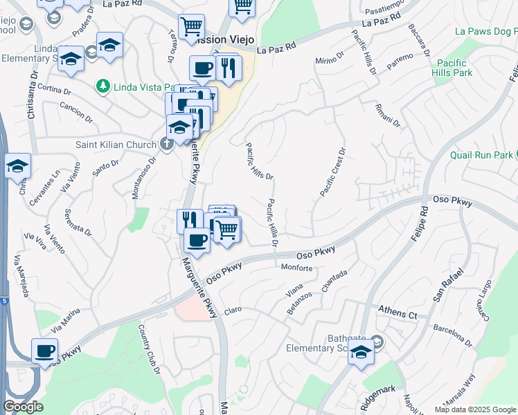 map of restaurants, bars, coffee shops, grocery stores, and more near 27180 Pacific Heights Drive in Mission Viejo