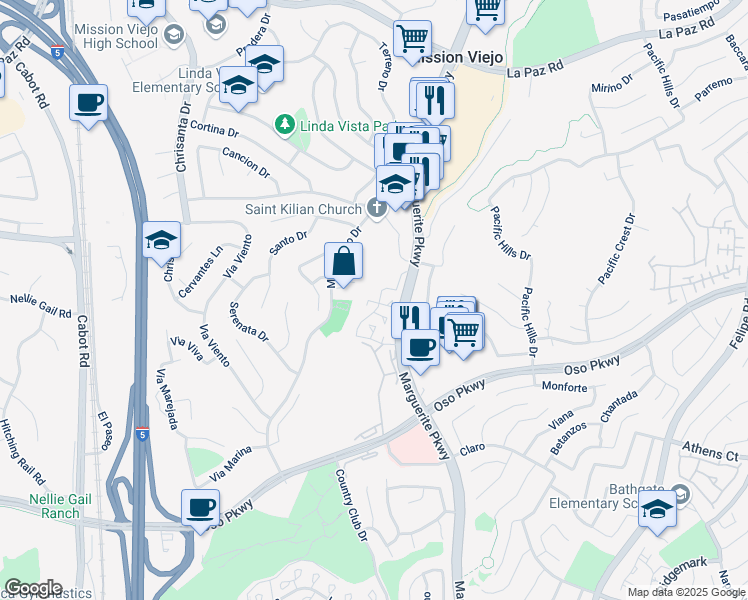 map of restaurants, bars, coffee shops, grocery stores, and more near 25801 Marguerite Parkway in Mission Viejo