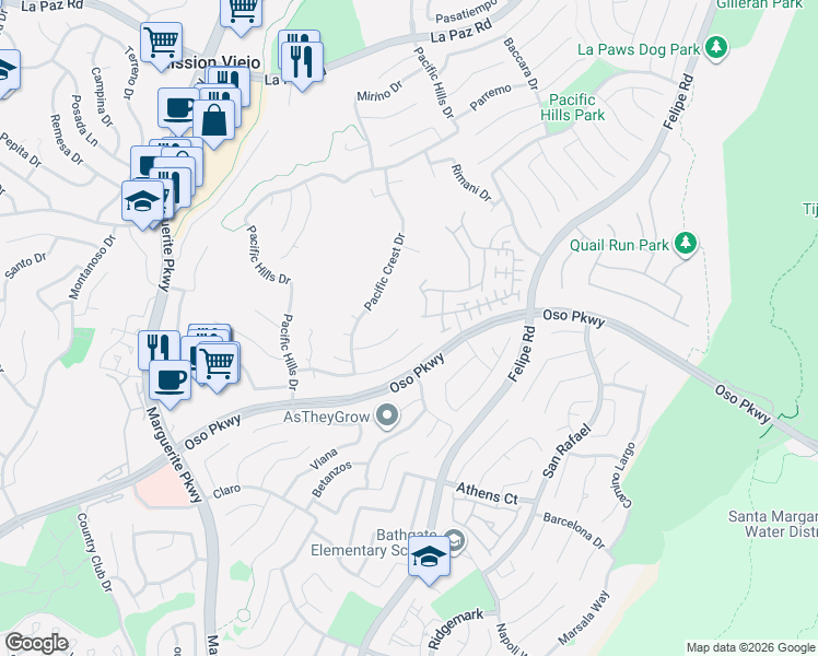 map of restaurants, bars, coffee shops, grocery stores, and more near 27451 Morro Drive in Mission Viejo