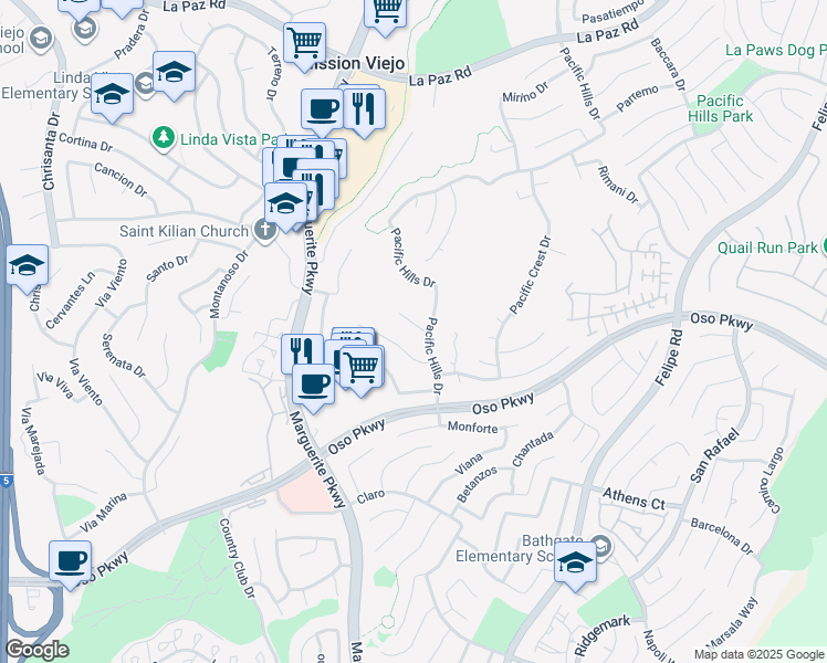 map of restaurants, bars, coffee shops, grocery stores, and more near 27180 Pacific Heights Drive in Mission Viejo