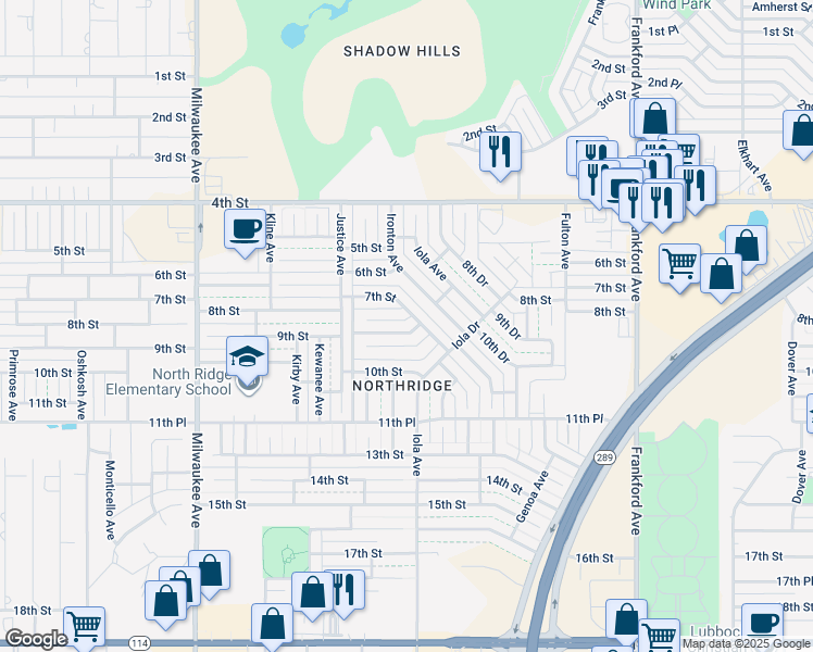 map of restaurants, bars, coffee shops, grocery stores, and more near 6103 8th Street in Lubbock