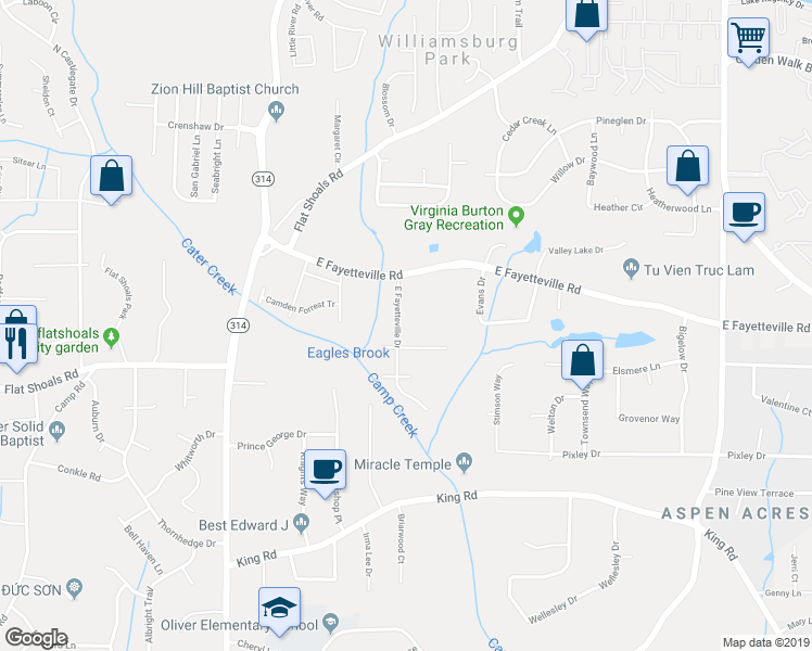 map of restaurants, bars, coffee shops, grocery stores, and more near 6120 East Fayetteville Drive in Riverdale