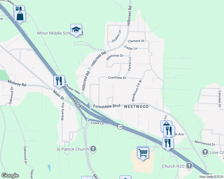map of restaurants, bars, coffee shops, grocery stores, and more near 129 Baggett Hill Road in Adamsville