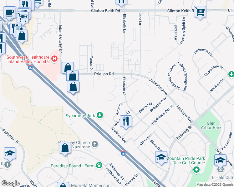 map of restaurants, bars, coffee shops, grocery stores, and more near 24704 Teakwood Court in Wildomar