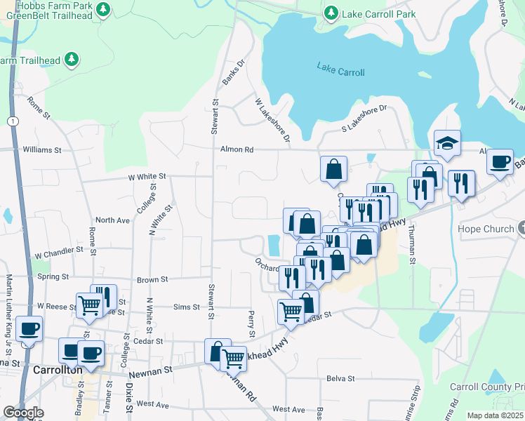 map of restaurants, bars, coffee shops, grocery stores, and more near 141 Ashgate Way in Carrollton