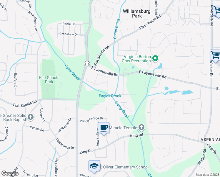 map of restaurants, bars, coffee shops, grocery stores, and more near 6128 Camden Forrest Cove in Riverdale