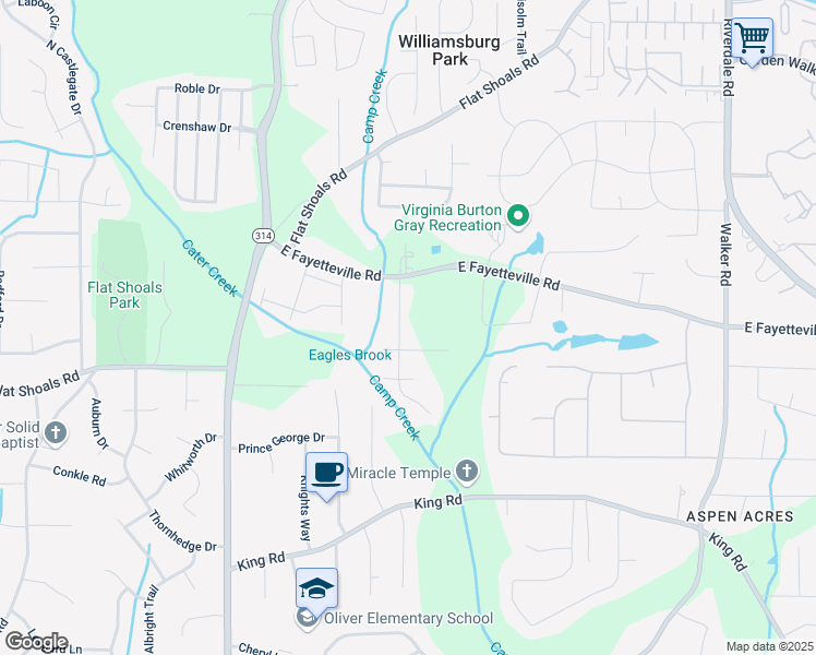 map of restaurants, bars, coffee shops, grocery stores, and more near 6120 East Fayetteville Drive in Riverdale